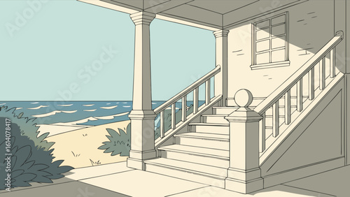 Illustration of beach house porch with ocean view, stairs, and architecture design, summer vacation home, coastal art