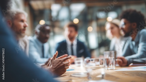 Business meeting with diverse professionals around conference table.  Group of executives discussing plans in modern corporate setting