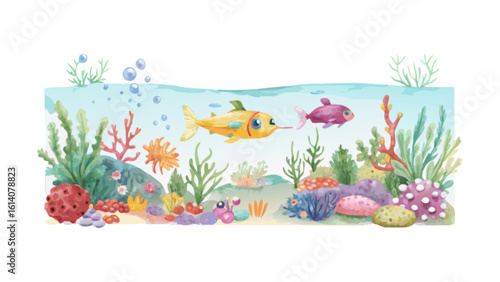 Watercolor underwater scene with cute fish and coral reef art for kids room decor and ocean themed designs