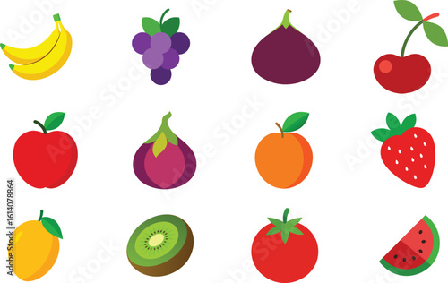 Set of Colorful fruits vector. Editable eps file illustration Apple, Bananas, Cherry, Fig, Grapes, Kiwi, mango, Nectarine, Orange, Strawberry, Tomato, Watermelon