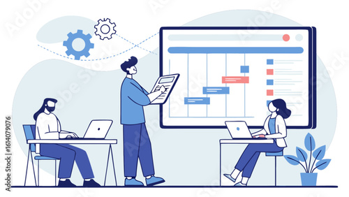 Project management team collaboration meeting software gantt chart planning and task management illustration