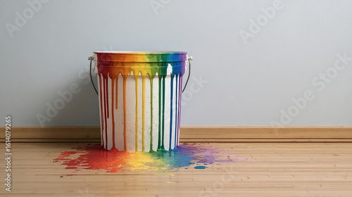 Rainbow Paint Dripping into White Bucket on Light Wood Floor
