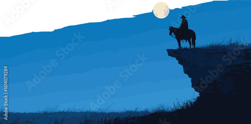 Silhouette of a cowboy on horseback at the edge of a cliff under the moonlight in the night sky