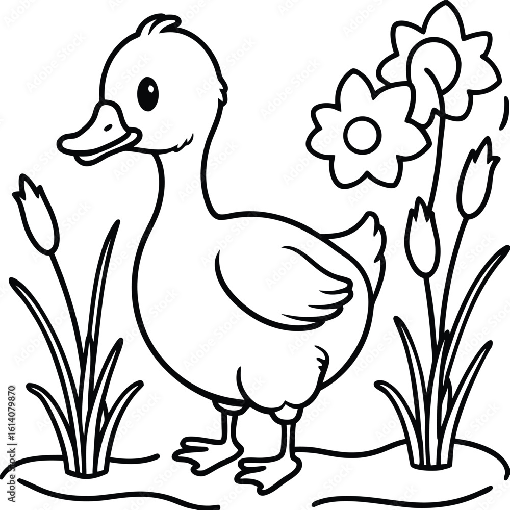 Cute duckling waddling near pond with reeds and flowers banner Cute duckling waddling near pond with reeds and flowers banner