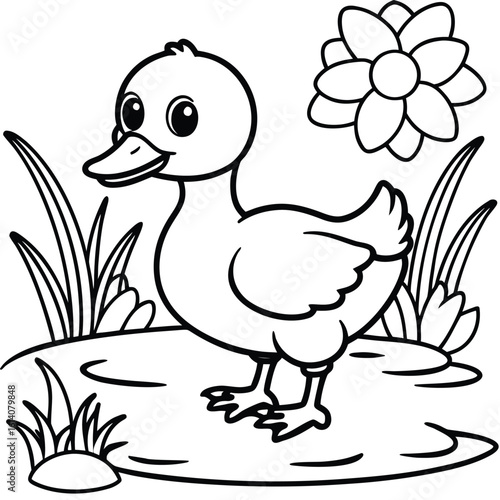 Cute duckling waddling near pond with reeds and flowers banner