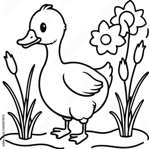 Cute duckling waddling near pond with reeds and flowers banner
