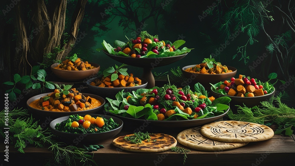 Fototapeta premium Rustic Woodland Banquet: Hearty Bowls, Flatbreads, and Natural Garnishes in a Forest Setting
