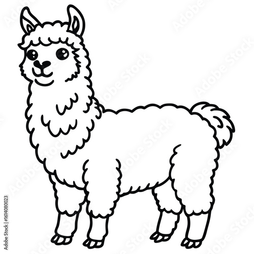 Fluffy alpaca standing on a hillside with tufts of grass