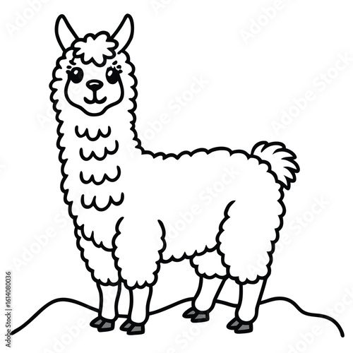 Fluffy alpaca standing on a grassy hillside