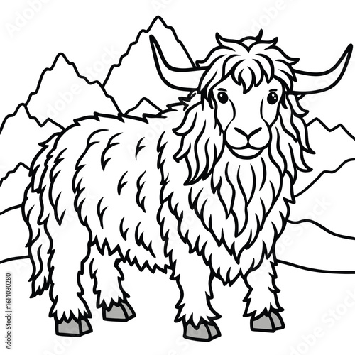 Gentle yak with shaggy fur in a mountain scene