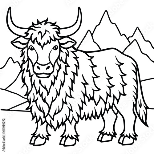 Gentle yak with shaggy fur in a mountain scene