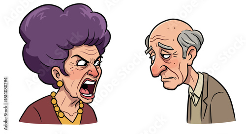 Cartoon seniors arguing with contrasting emotions in side view portrait