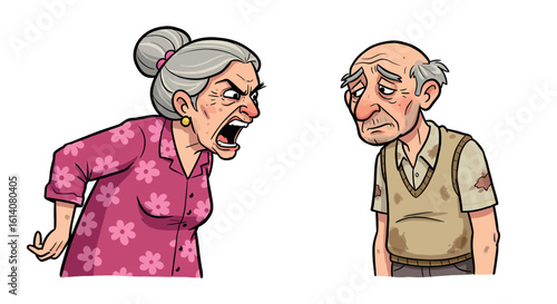 Cartoon elderly couple arguing with expressive emotions