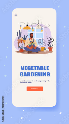 Vegetable gardening indoor plants man holding pot surrounded by potted greenery under hanging lights window background mobile app screen