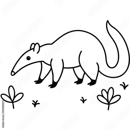 Shy anteater with tongue out sniffing the ground