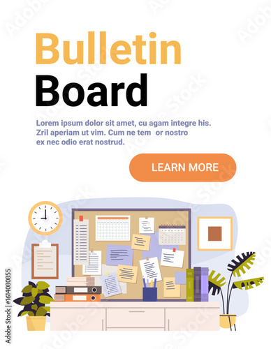 Bulletin board school classroom organization workspace with notes documents calendar clock books plants modern flat banner