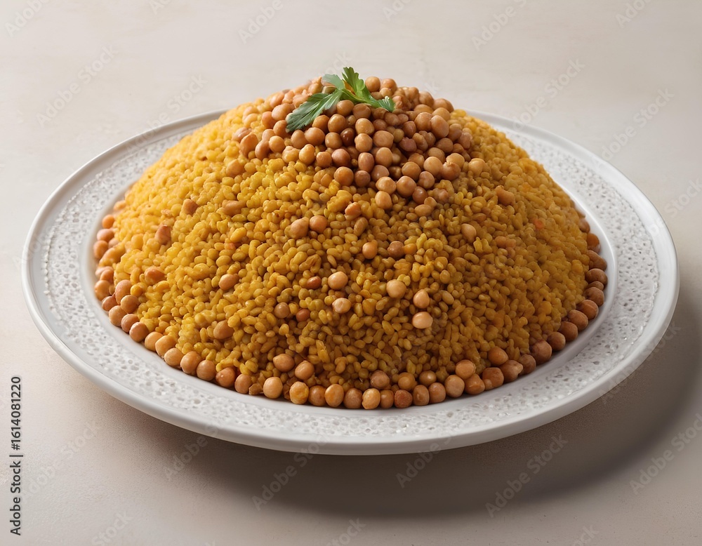 Golden Tapioca Pearls with Basil Garnish in White Bowl Golden Tapioca Pearls with Basil Garnish in White Bowl