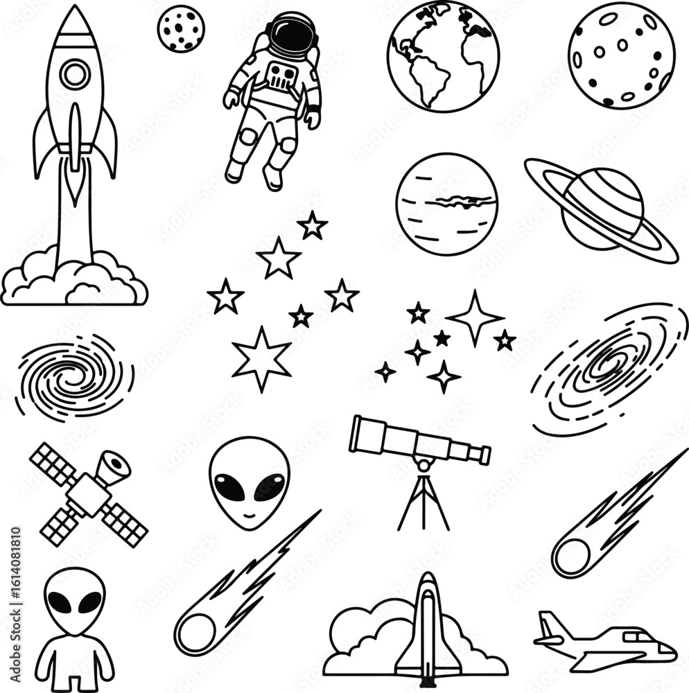 Obraz premium Silhouette space exploration icons set with rocket and planets vector illustrator