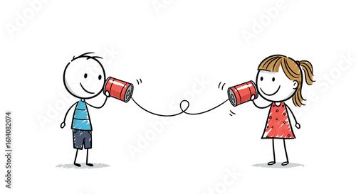 Children communicating with tin can telephones in playful stick figure style