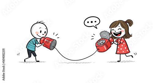 Cute stick figure kids communicating with tin can telephones