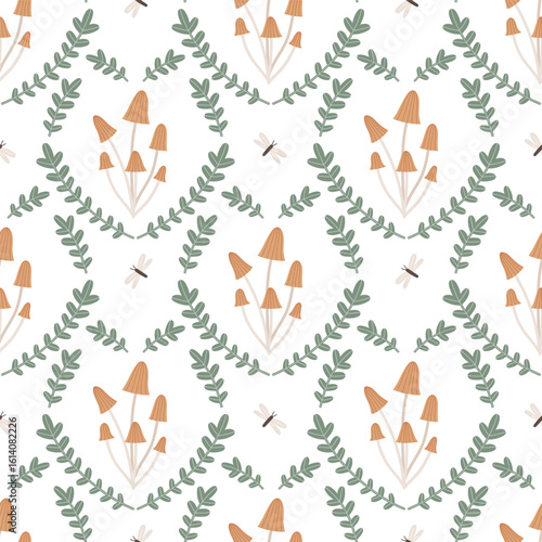 Seamless pattern with brown mushrooms and ferns