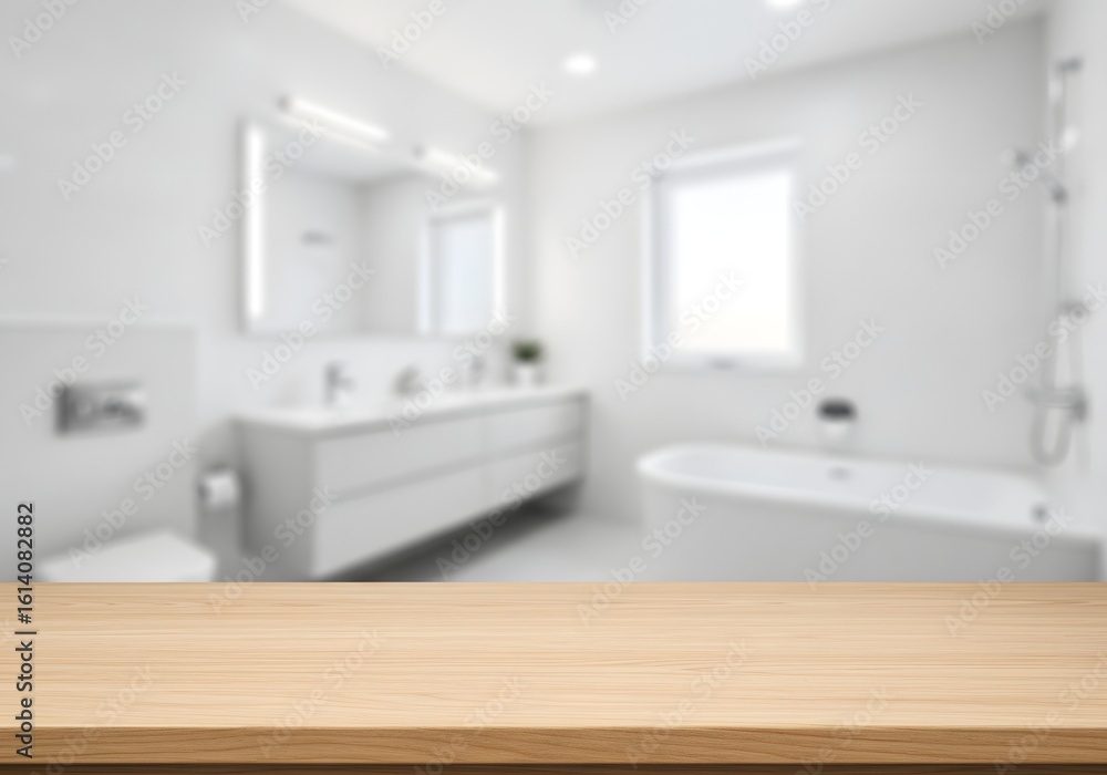 Fototapeta premium Modern Bathroom Interior with Wooden Table - Elegant White Design, Bathtub, Sink, Mirror, Clean, Minimalist.
