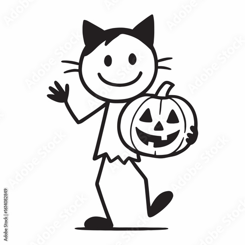 Cute stick figure with cat ears joyfully holding a festive pumpkin illustration for autumn celebrations
