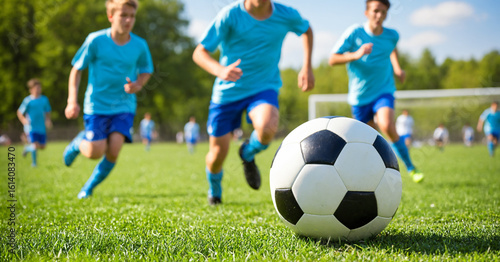 selective focus of a classic soccer ball on the grass with a youth team of boys playing in the background