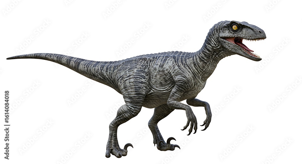 Fototapeta premium Realistic Velociraptor dinosaur isolated on white background digital rendering of a prehistoric reptile animal with textured skin and sharp claws