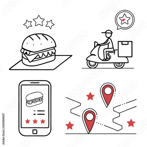 Food delivery and restaurant app UI icons – burger, order tracking, map pin, payment, rating stars – in minimalist vector style