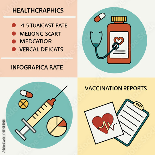 Healthcare infographic set with icons and charts for heart rate, medication, vaccination, medical reports, editable vector format for hospitals or clinics