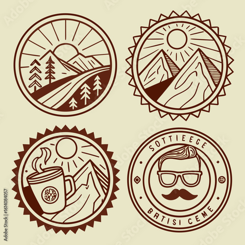 Hipster-style badges with monoline icons, mountains, coffee, mustaches, editable vector labels in a rustic and handmade aesthetic, warm earth-tone palette