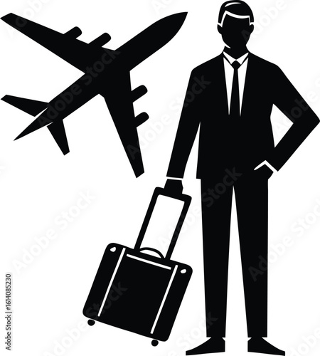 Businessman silhouette with suitcase walking toward airplane for business travel