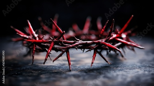 A blood-red crown of thorns rests on a dark, textured surface.