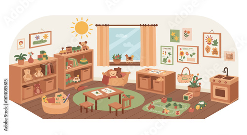 Cozy playroom with toys and learning decor by a sunny window