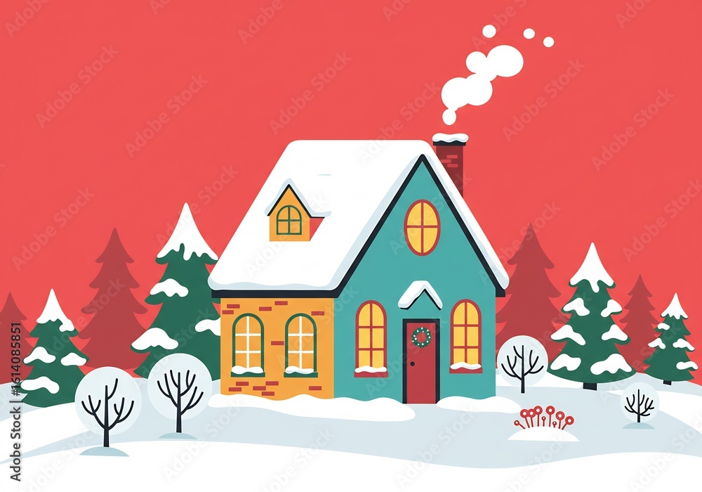Fototapeta premium 雪化粧の可愛らしい家、煙突から温かい煙が優しく立ち上る冬の情景。