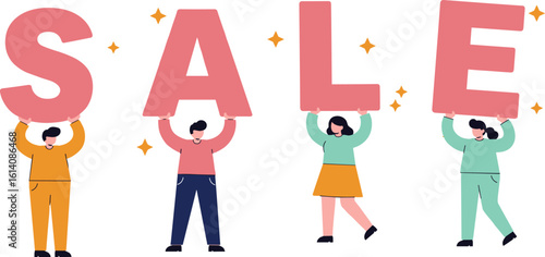 cad drawing flat vector illustration of cartoon people holding big sale letters, promotional banner, marketing advertisement, retail offer, festive season shopping design