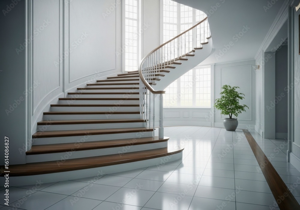 Fototapeta premium Elegant curved staircase in a bright, modern home interior