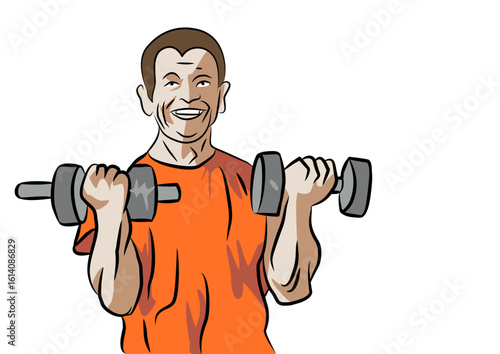 Fitness man with dumbbells. Illustration in cartoon style