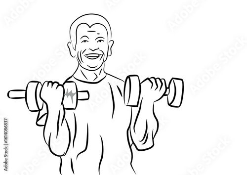 Fitness man with dumbbells. Illustration in cartoon style