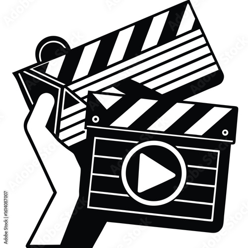 Movie clapper board vector illustration for film and video production with director and camera icons