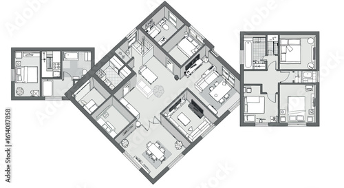 Modern floor plan with multiple rooms featuring open living spaces