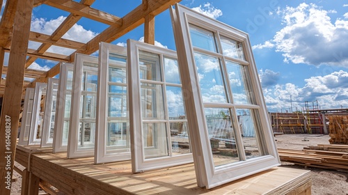 New white-framed windows await installation, reflecting the blue sky. Building under construction, symbolizing progress and a bright future.