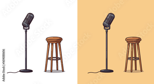 Stylized comedy club microphone and stool on split background