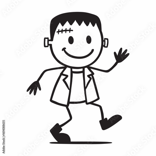 Charming stick figure child enthusiastically dressed in a classic frankenstein monster costume for halloween