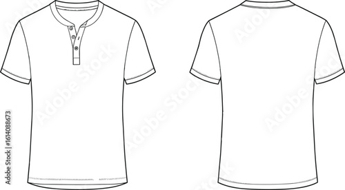Men’s henley neck short sleeve t-shirt technical flat sketch, front and back view, apparel fashion CAD drawing, editable vector outline, garment template mockup