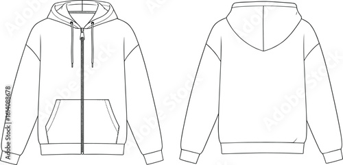 Unisex hoodie zip-up sweatshirt flat sketch front and back, fashion technical drawing template, apparel CAD design vector, garment mockup outline illustration.