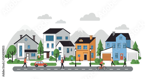 Charming neighborhood scene with modern houses and street activity in flat design