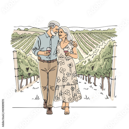 Senior man and woman couple embracing and walking with wine glasses in a vineyard. Romantic date concept. Linear style vector illustration