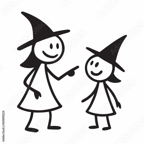 Charming stick figure illustration of an experienced witch mentoring a young apprentice in a magical setting